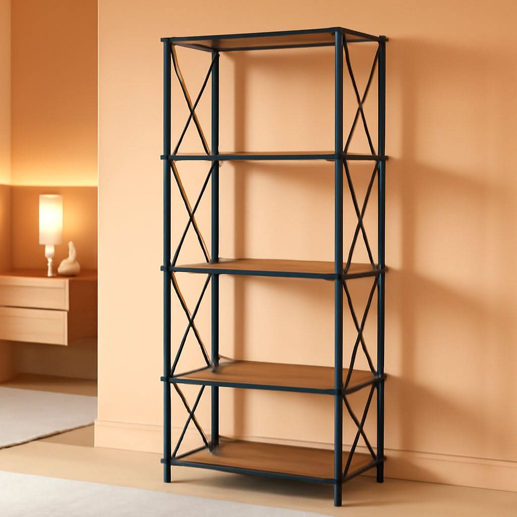 Corner Bookshelf 5-Tier L-Shaped Industrial Bookcase In Rustic Brown