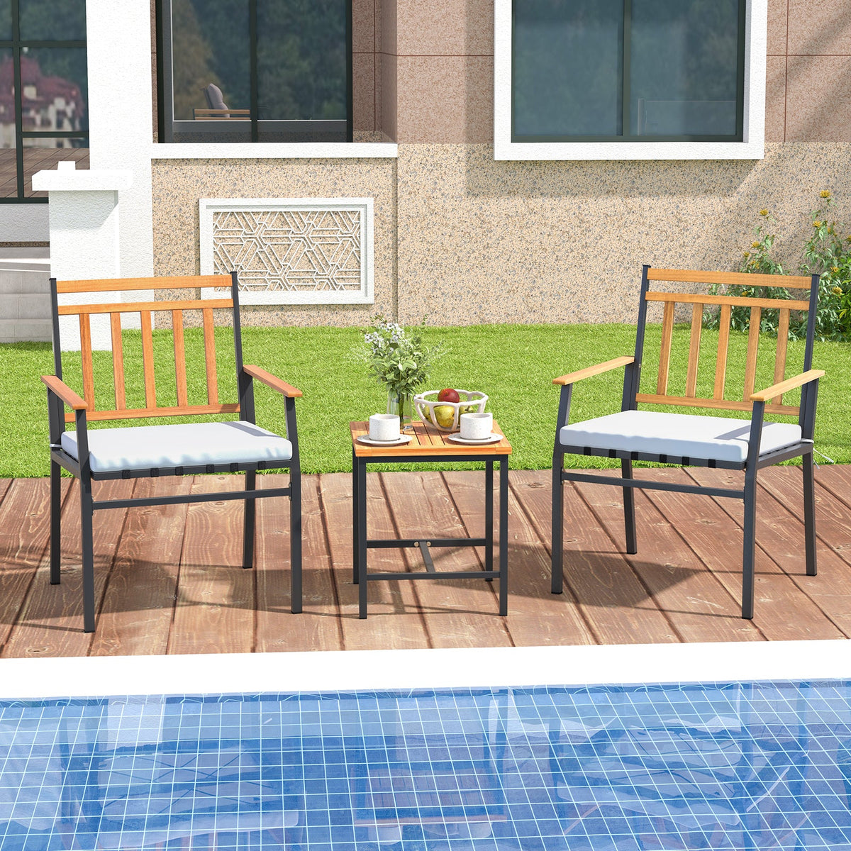 3 Pieces Outdoor Furniture Set Acacia Wood Patio Conversation Set with Cushions-White
