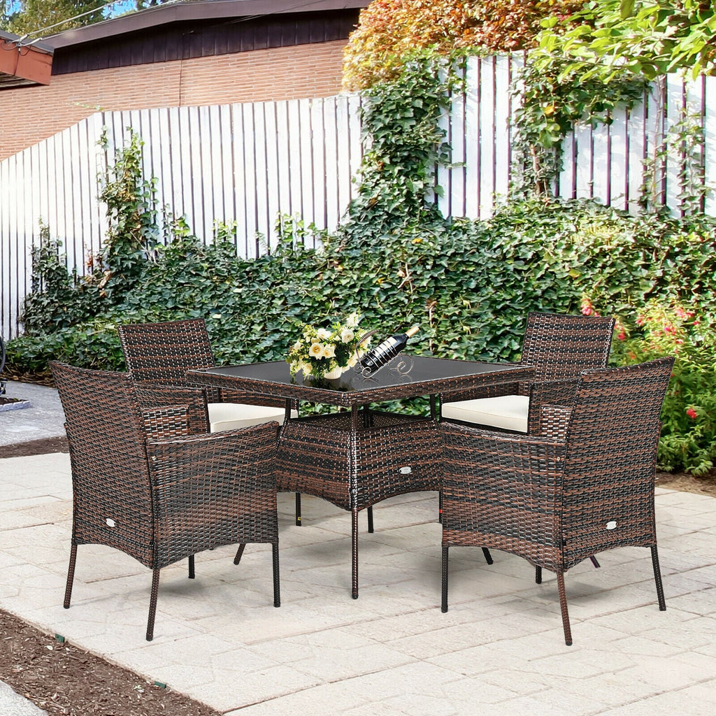 5 Pieces Patio Rattan Dining Furniture Set with Arm Chair and Wooden Table Top