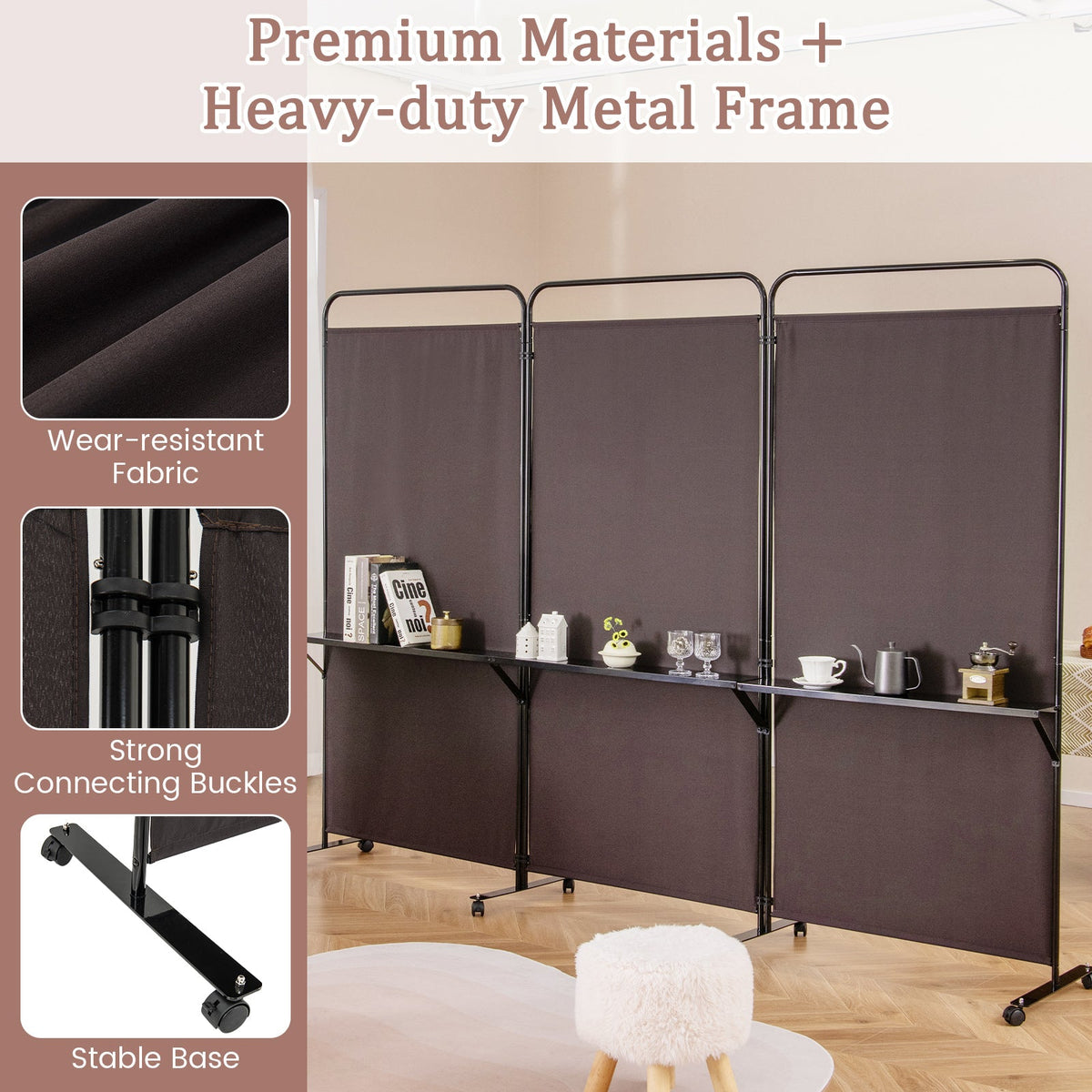 3-Panel Folding Room Divider with 3 Metal Shelves and Lockable Wheels