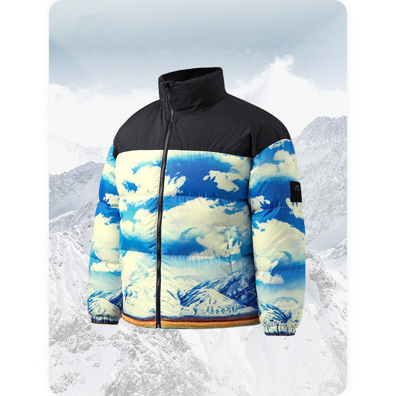 Men's Blue Sky Snow Mountain Camouflage Ink Splash Warm Jacket Top