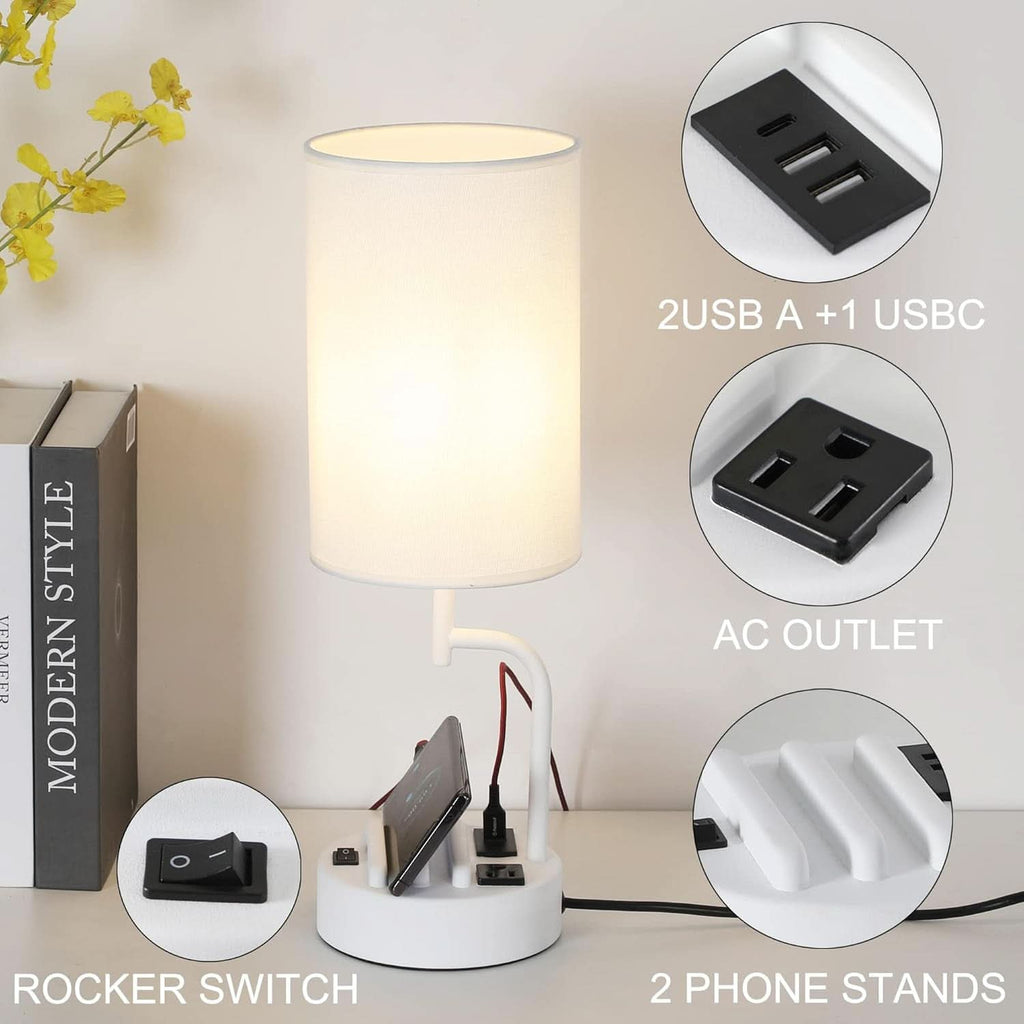 Table Lamp With 3 USB Ports White Finish For Home Office