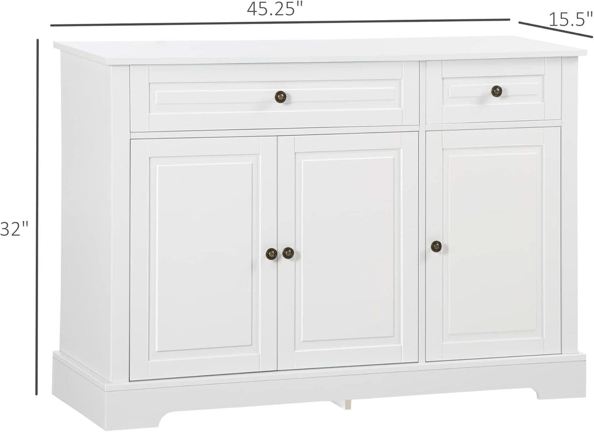 White Sideboard Buffet Cabinet With 2 Drawers And Shelves