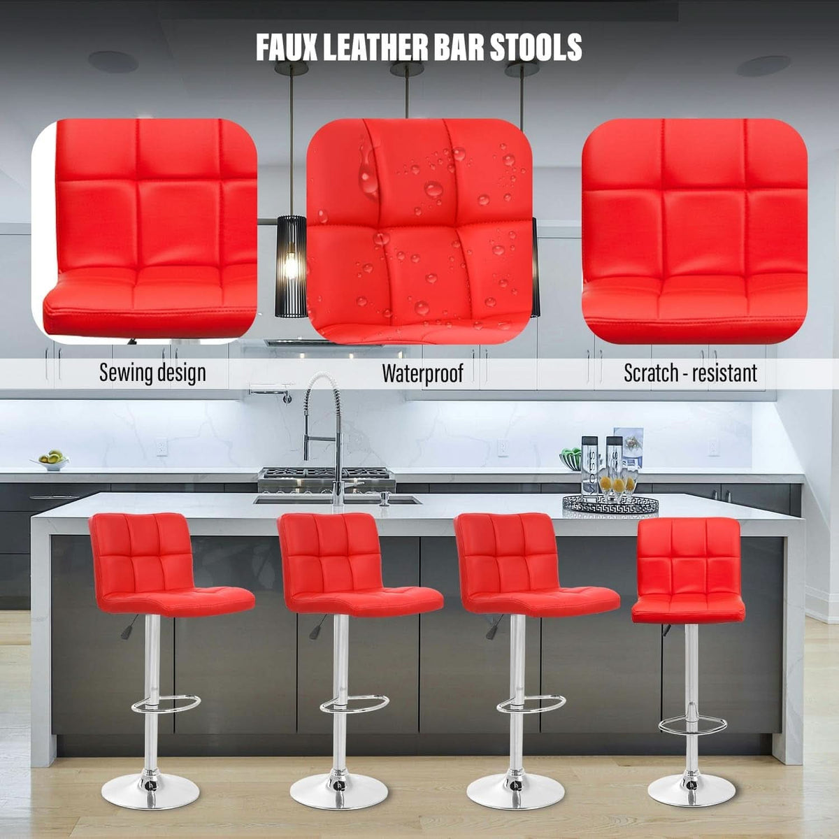 Red Adjustable Swivel Bar Stools Set Of 2 PU Leather