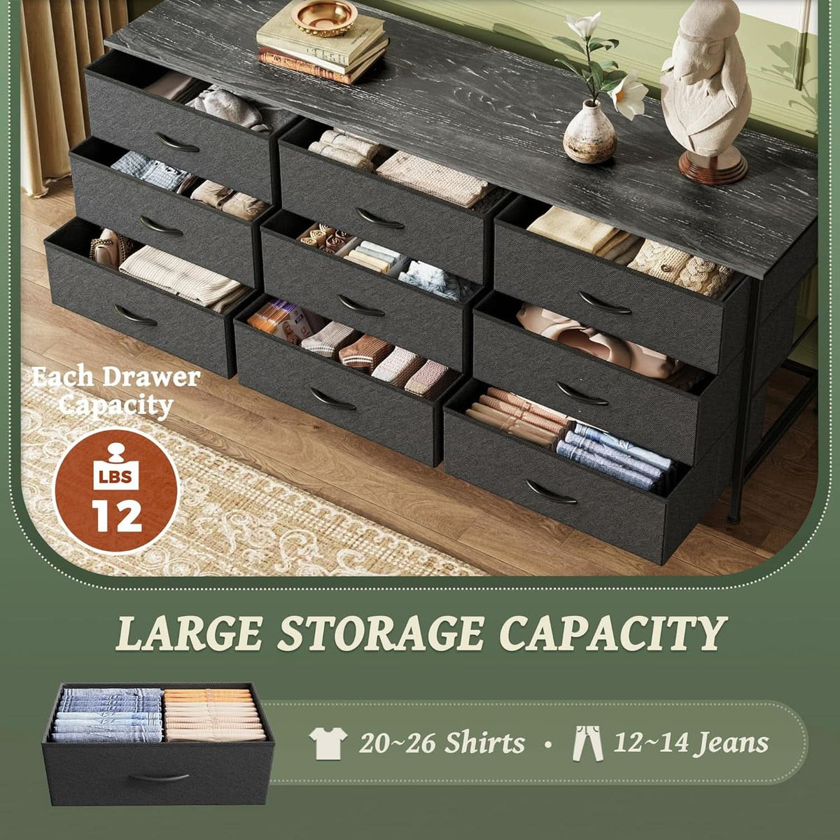 9 Drawer Dresser TV Stand for 55 Inch TVs Black Storage
