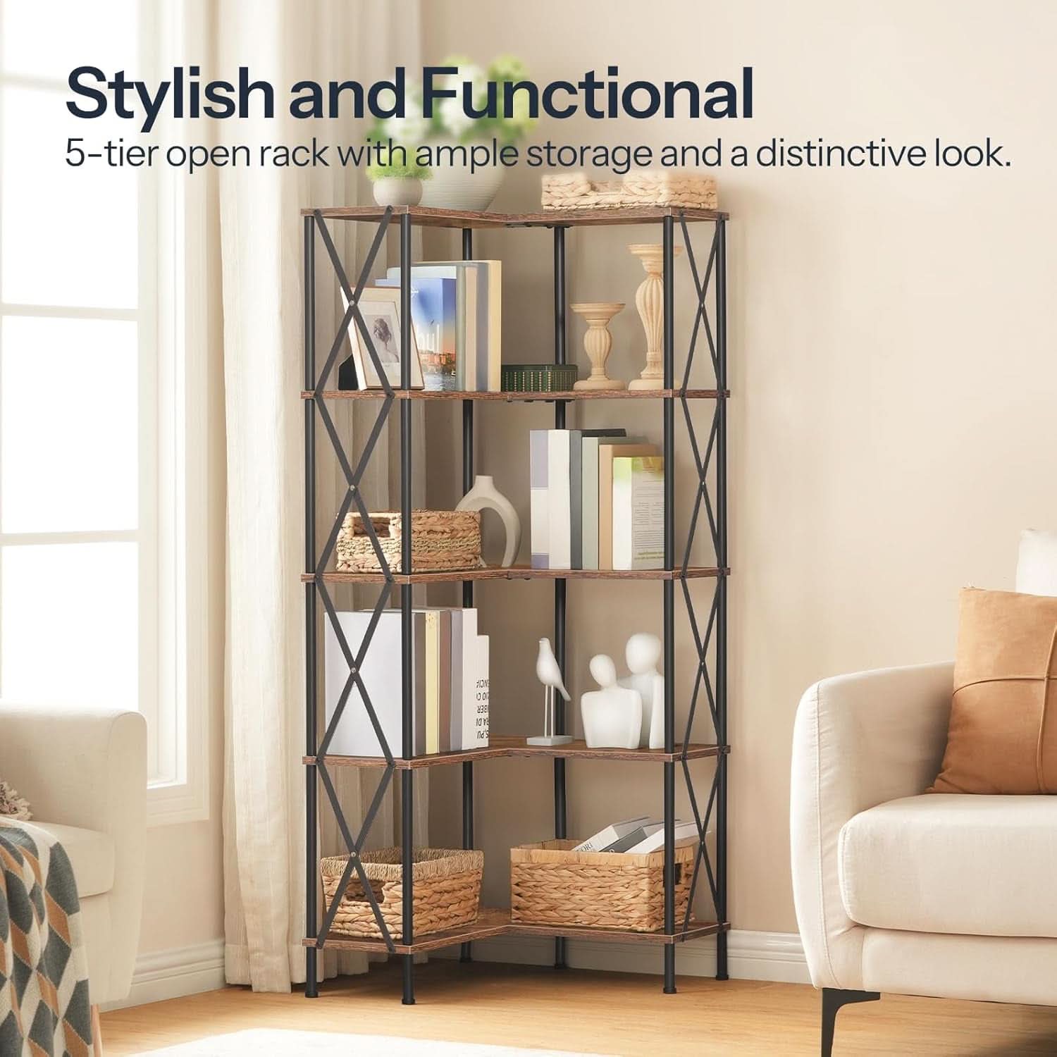 Corner Bookshelf 5-Tier L-Shaped Industrial Bookcase In Rustic Brown