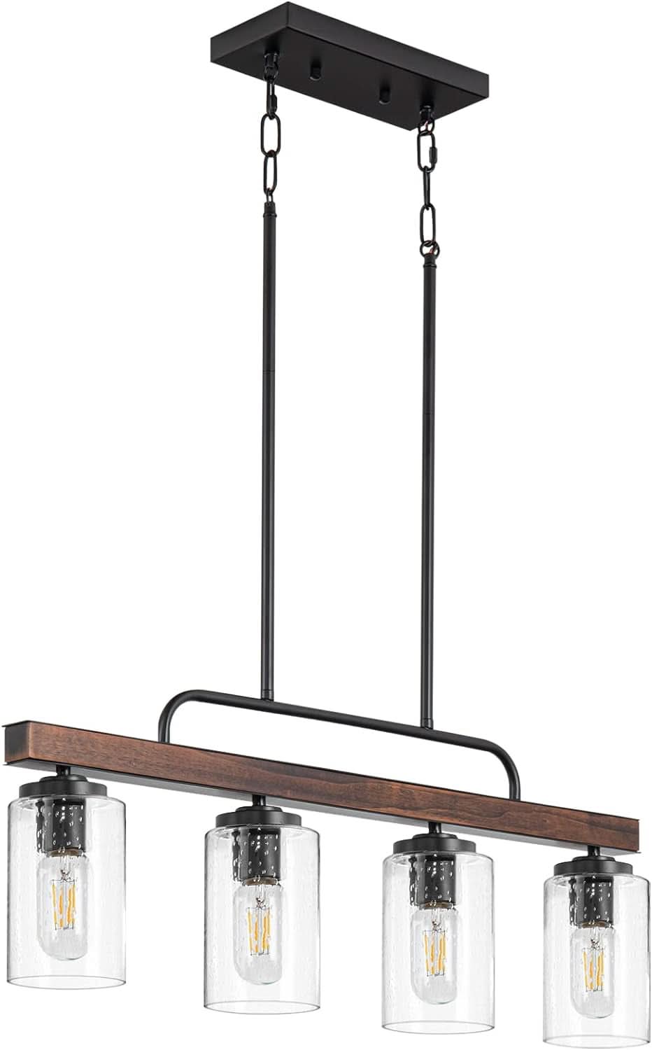 Black Wood Farmhouse 4 Light Pendant Chandelier For Dining