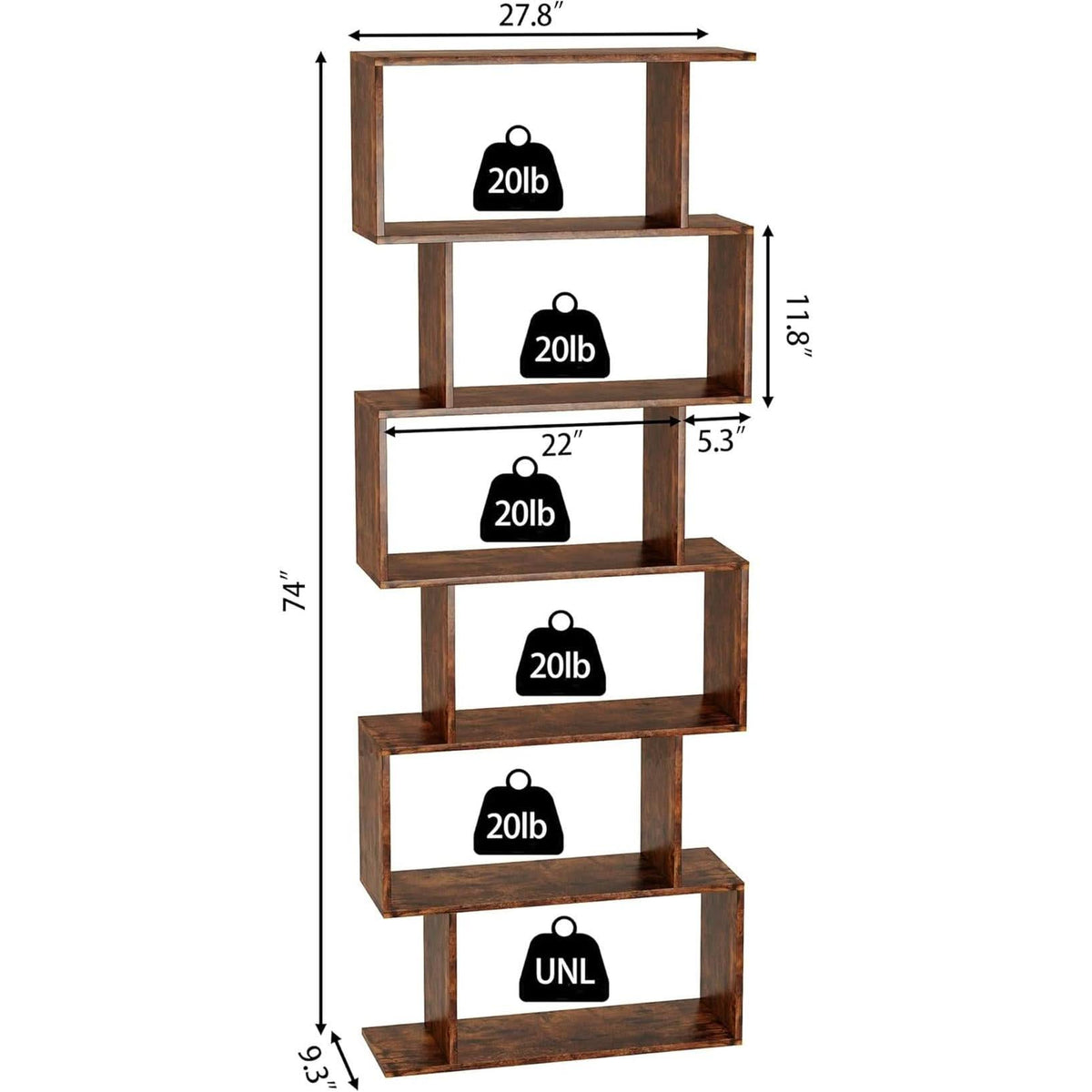 Geometric Bookcase 6 Tier S Shaped Rustic Brown Wood Shelf