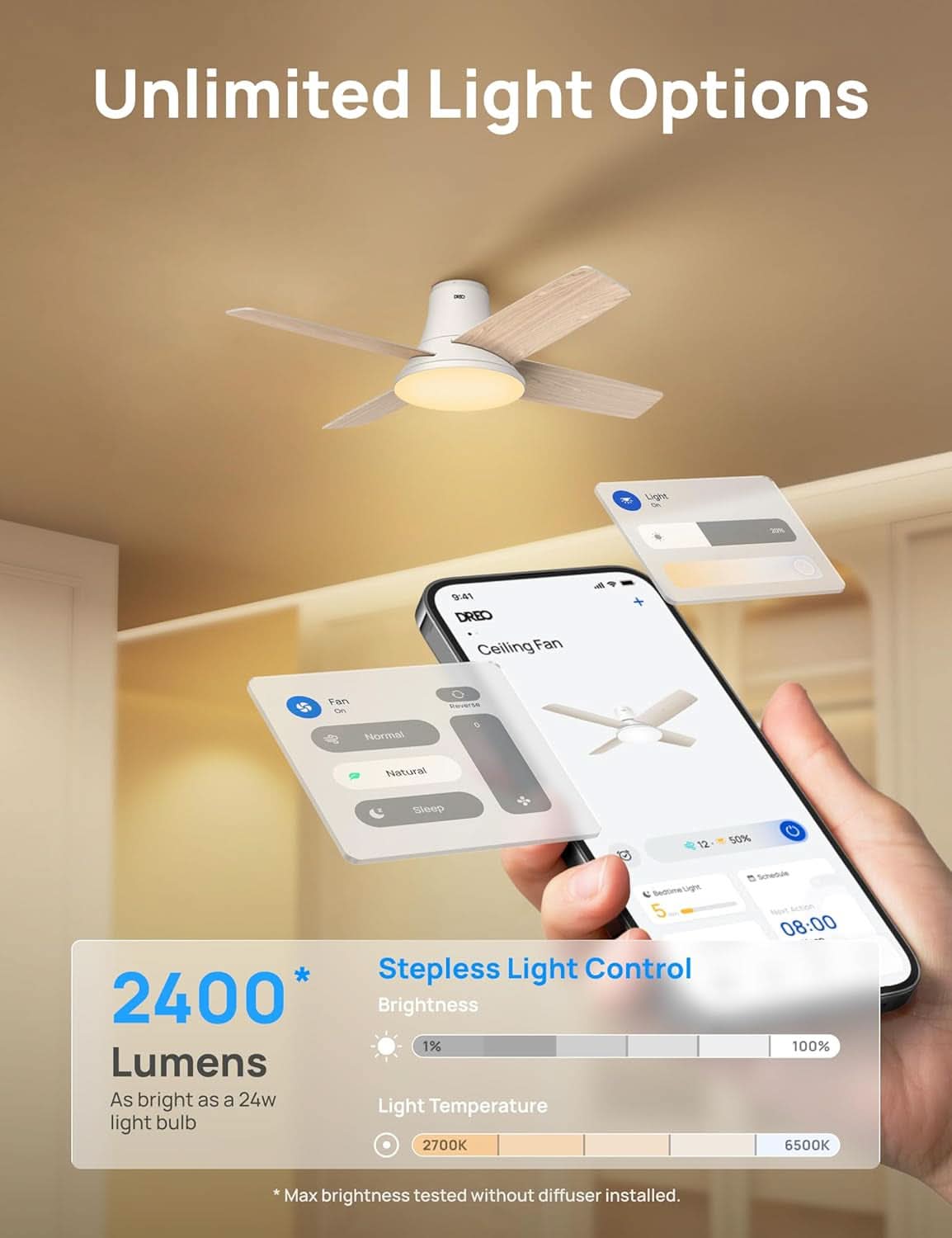 44 Inch White Smart Ceiling Fan With Dimmable LED Light And Remote
