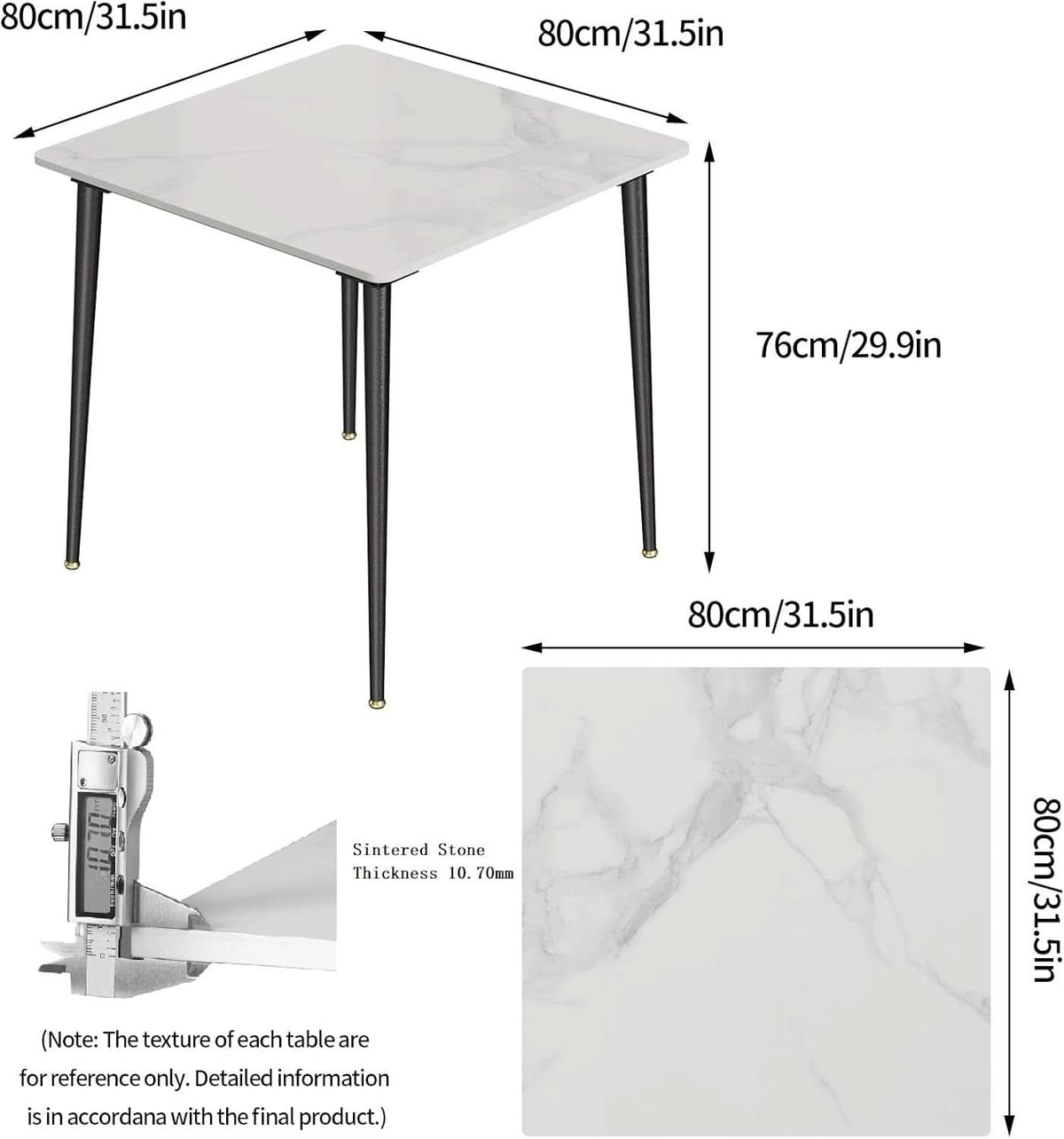 32 Inch Sintered Stone Dining Table With Black Legs