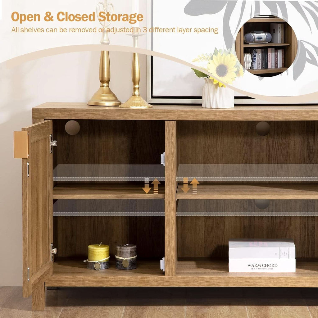 Boho Rattan TV Stand With Adjustable Shelves 59 Inch Oak