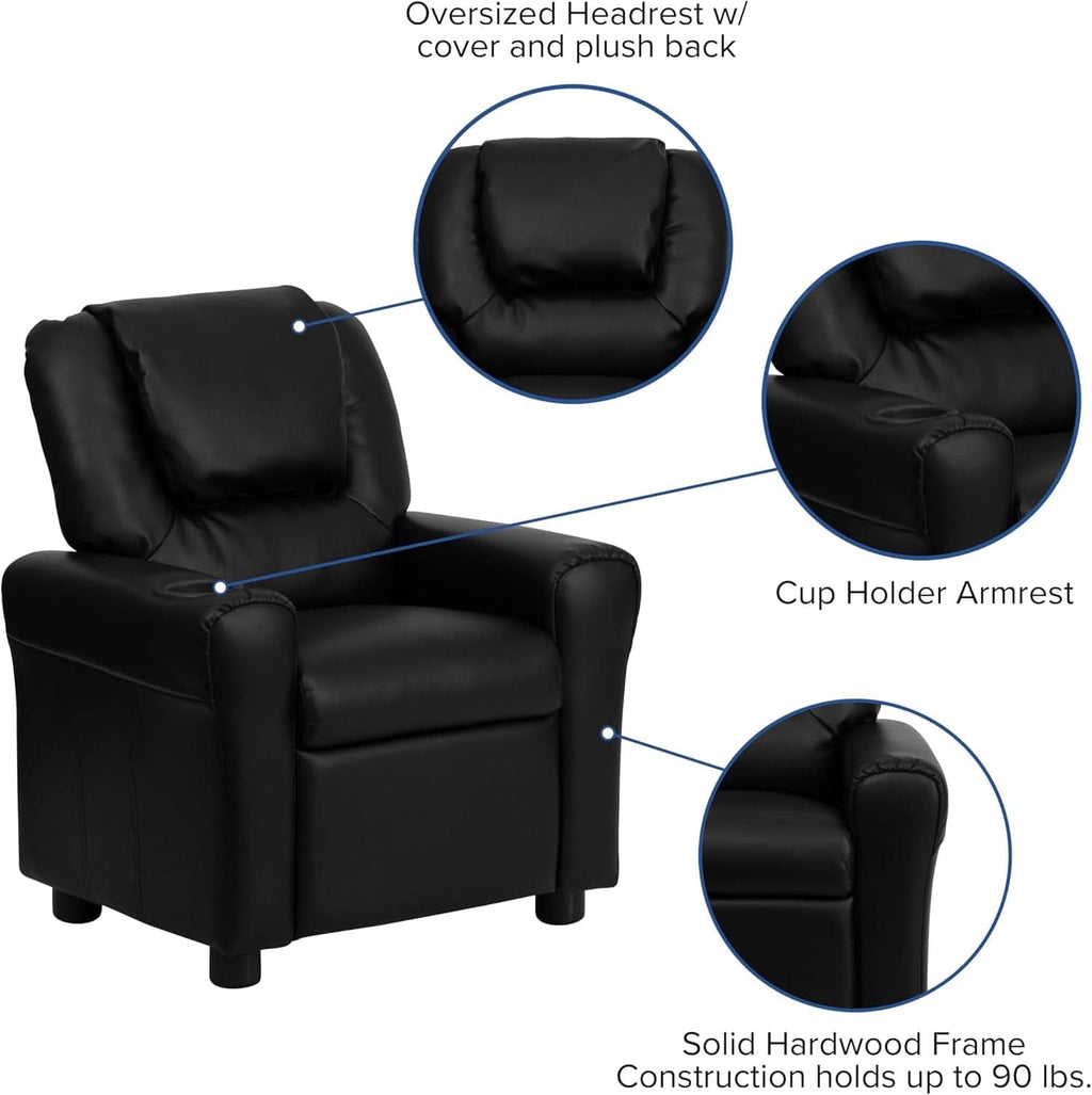 Kids Leathersoft Recliner With Cup Holder And Safety Recline Black