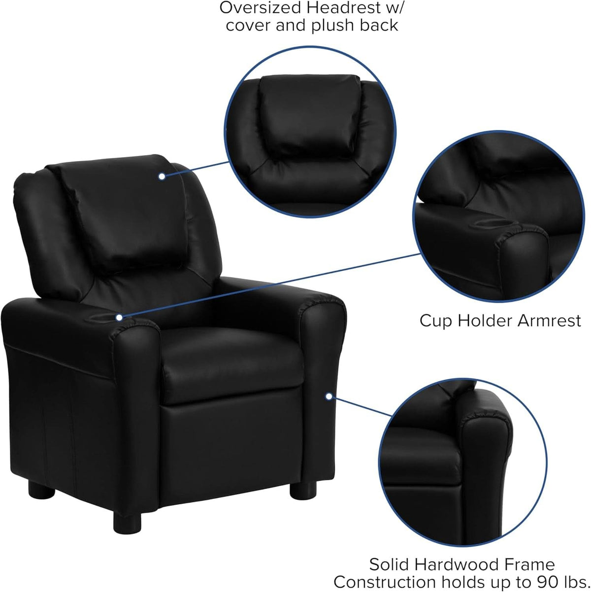 Kids Leathersoft Recliner With Cup Holder And Safety Recline Black