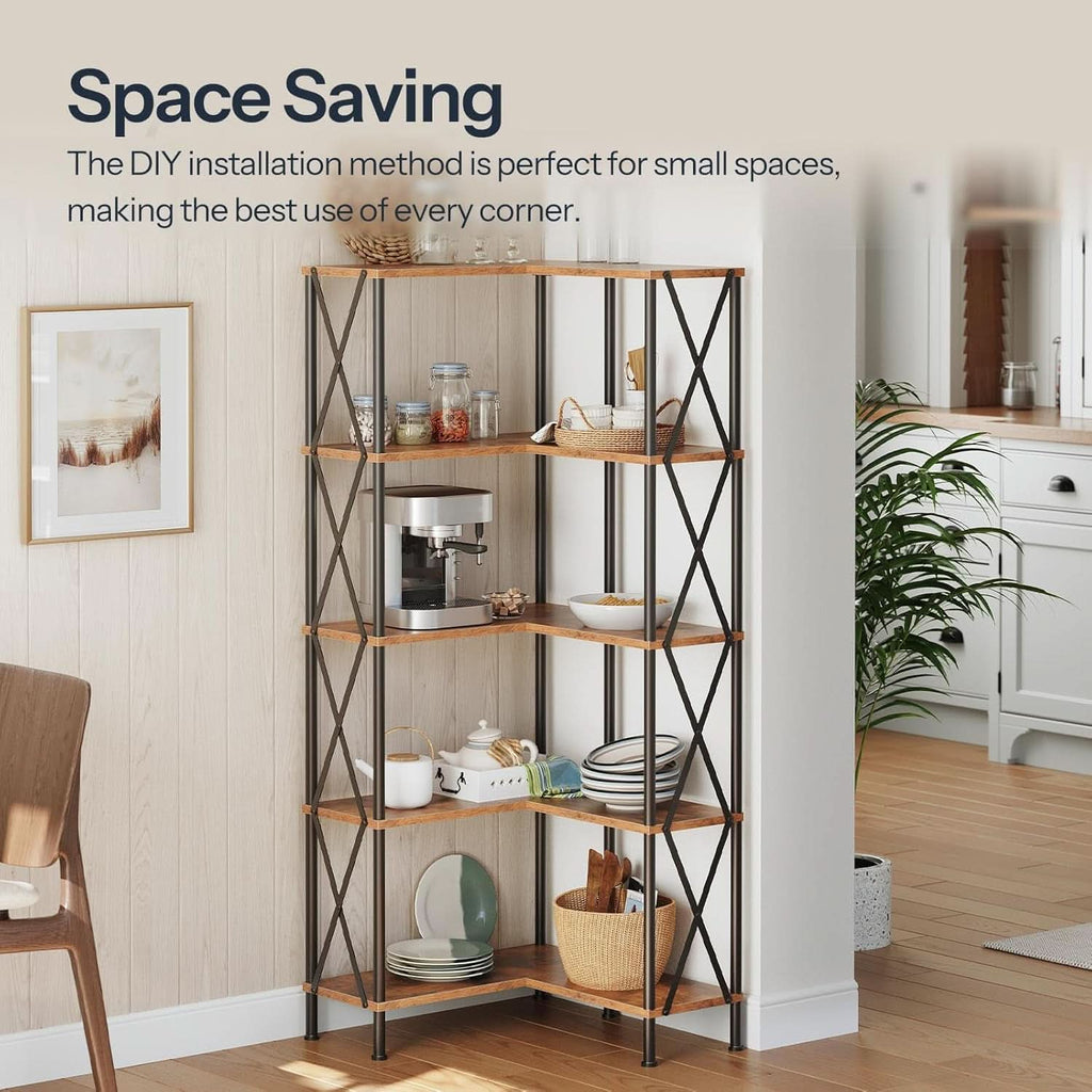 Corner Bookshelf 5-Tier L-Shaped Industrial Bookcase In Rustic Brown