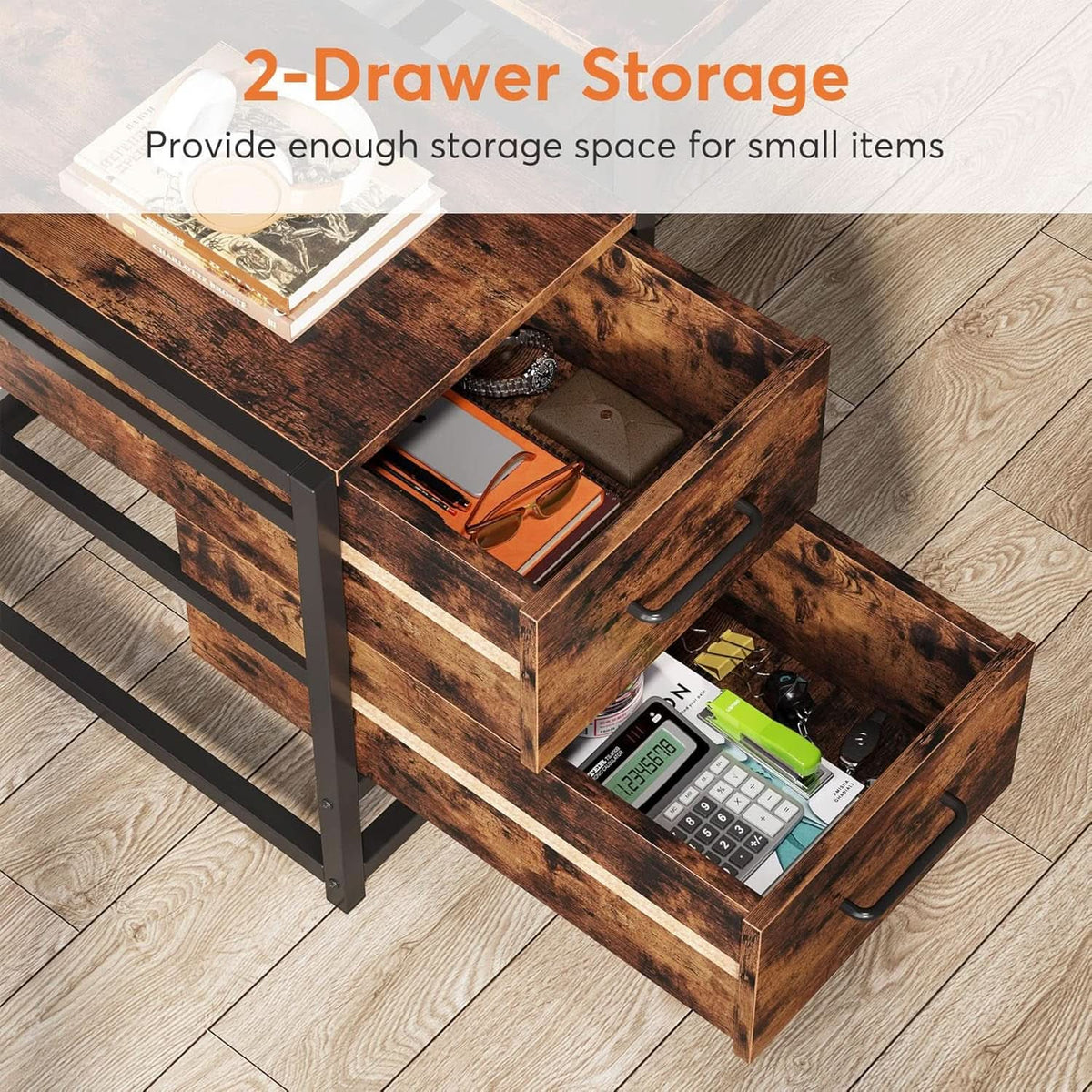 55 Inch Rustic Brown Computer Desk With Drawers And Shelves