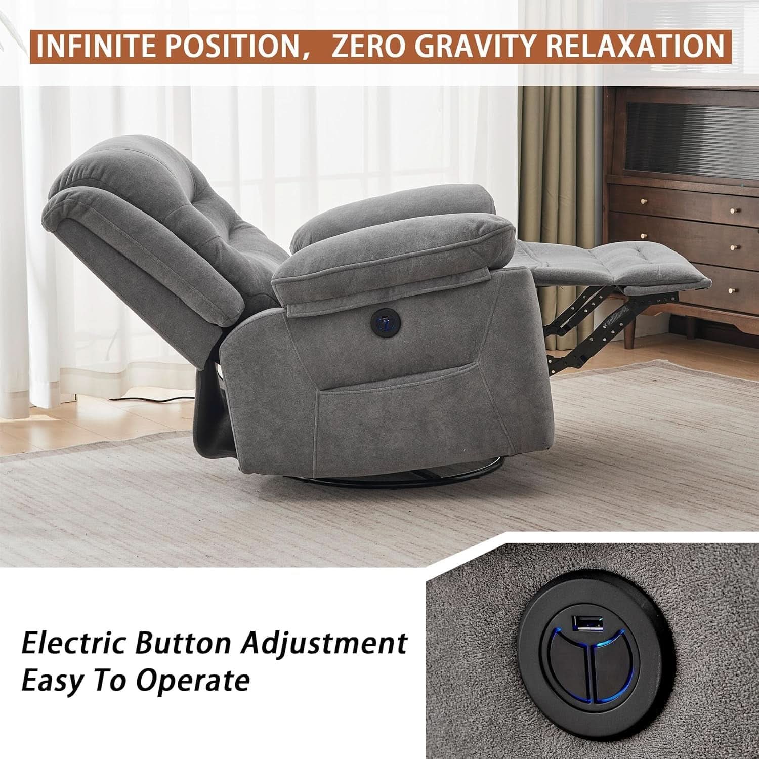 Grey Swivel Recliner With Massage And Heat Therapy