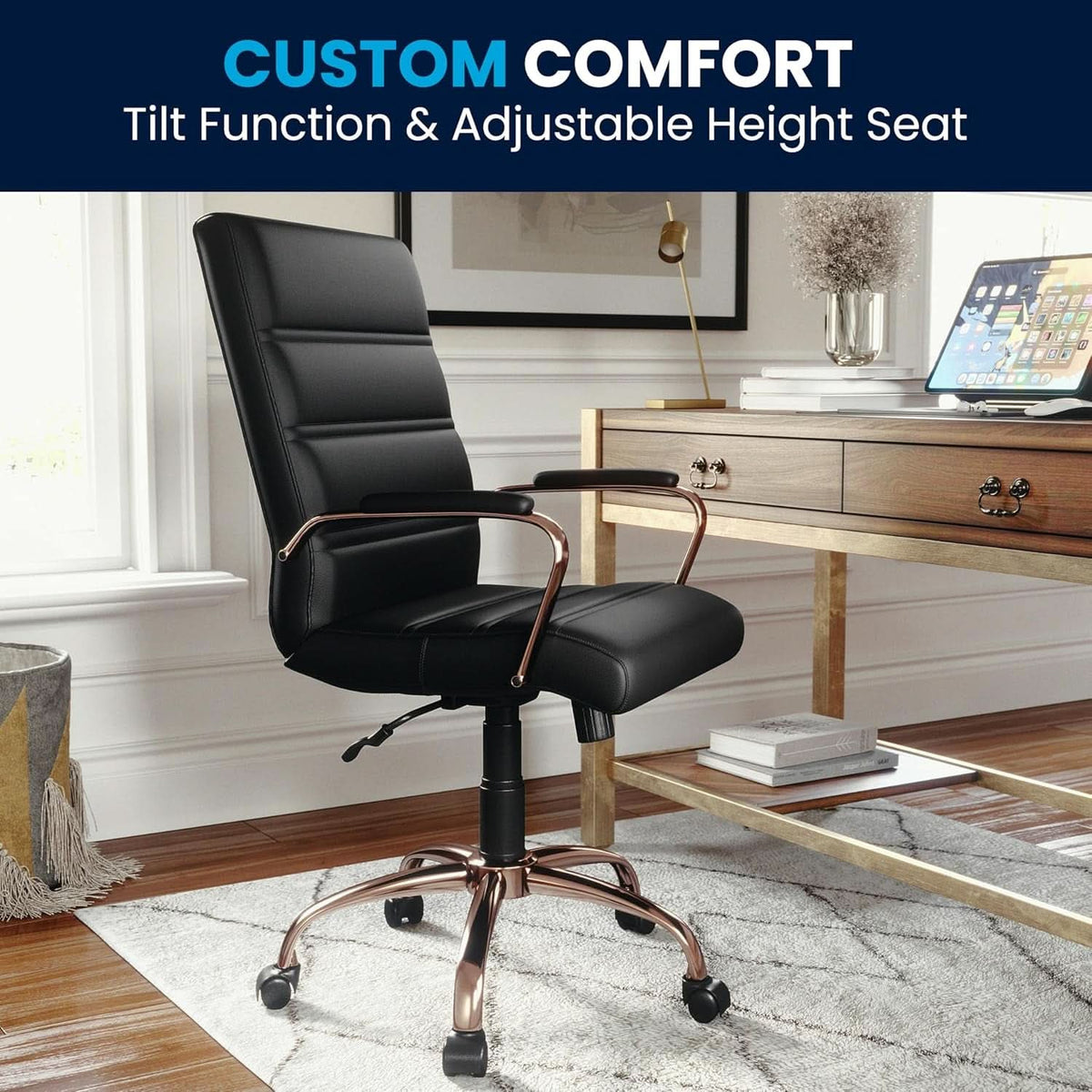 Whitney Mid Back LeatherSoft Desk Chair With Adjustable Height Black Rose Gold