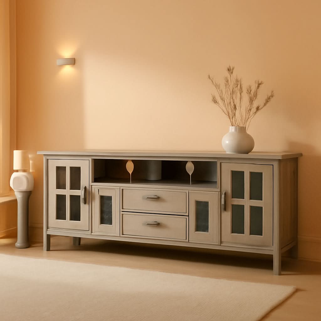 Solid Wood TV Stand 72 Inch Wide Distressed Grey Finish