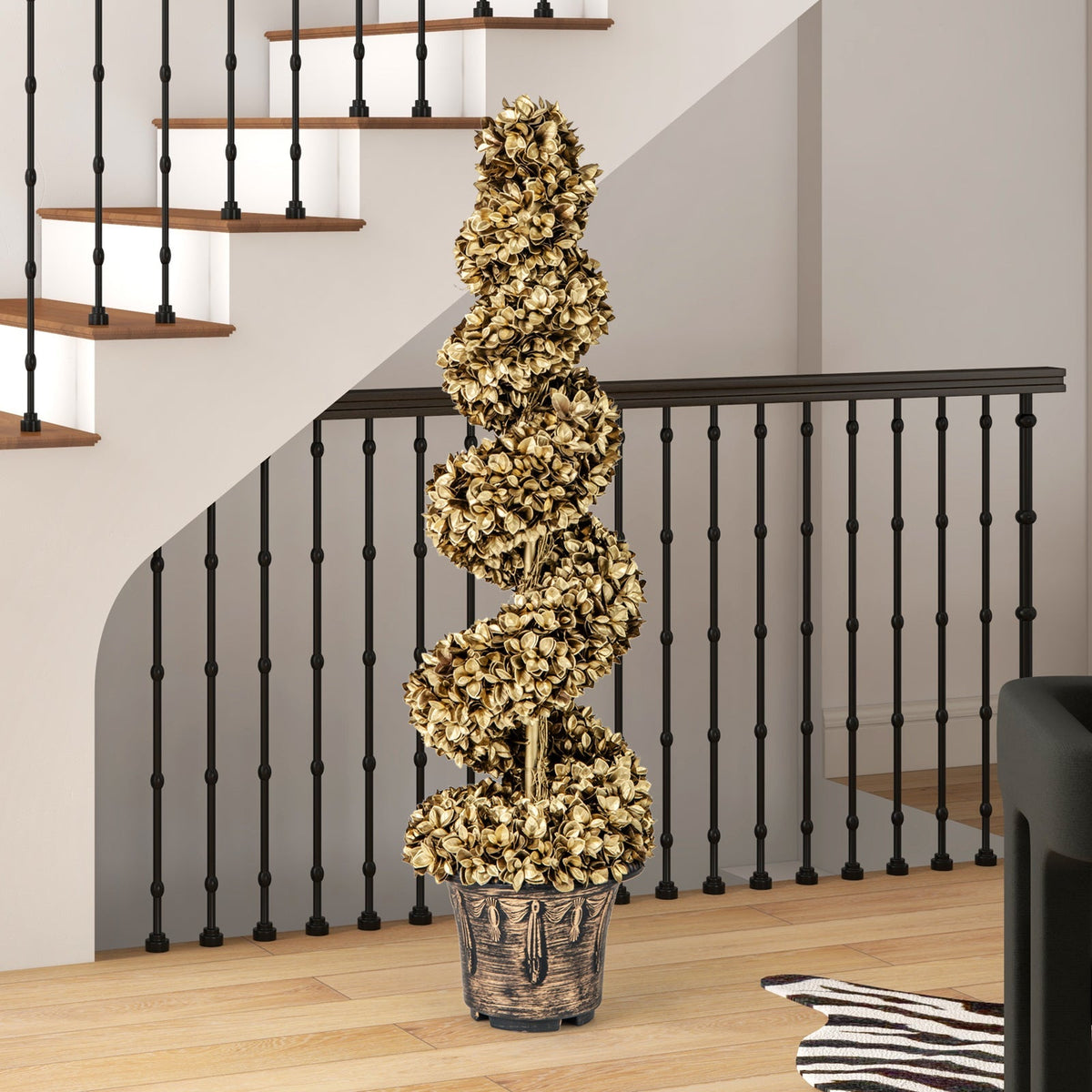 4 FT Artificial Topiary Spiral Tree Set of 2 with Vintage Plastic Nursery Pot-Gold