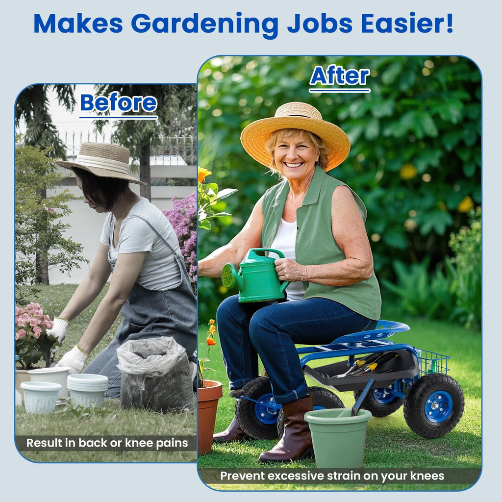 4-Wheel Rolling Garden Cart Work Seat
