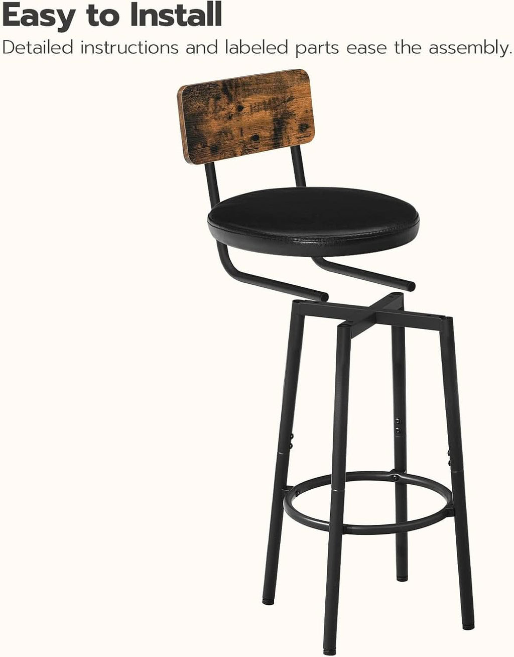 Rustic Brown PU Bar Stools Set of 2 26 Inch With Footrest