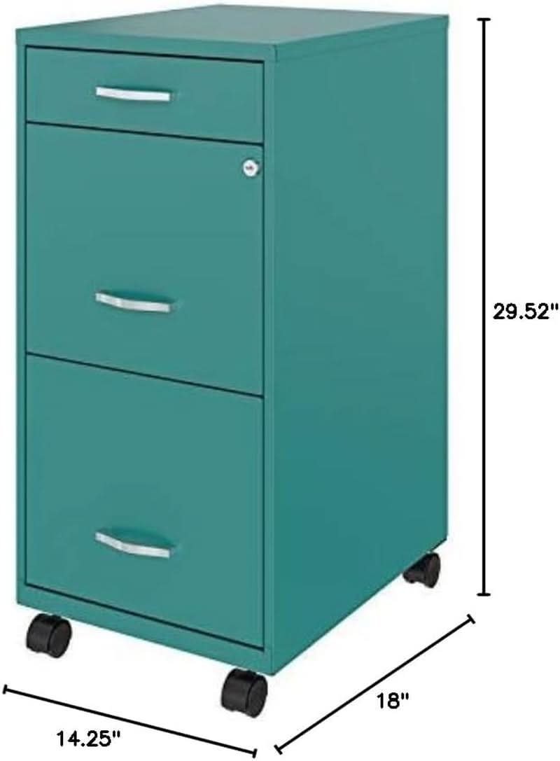 3 Drawer 29.52 Inch Turquoise Metal Filing Cabinet Lockable Preassembled for Home Office