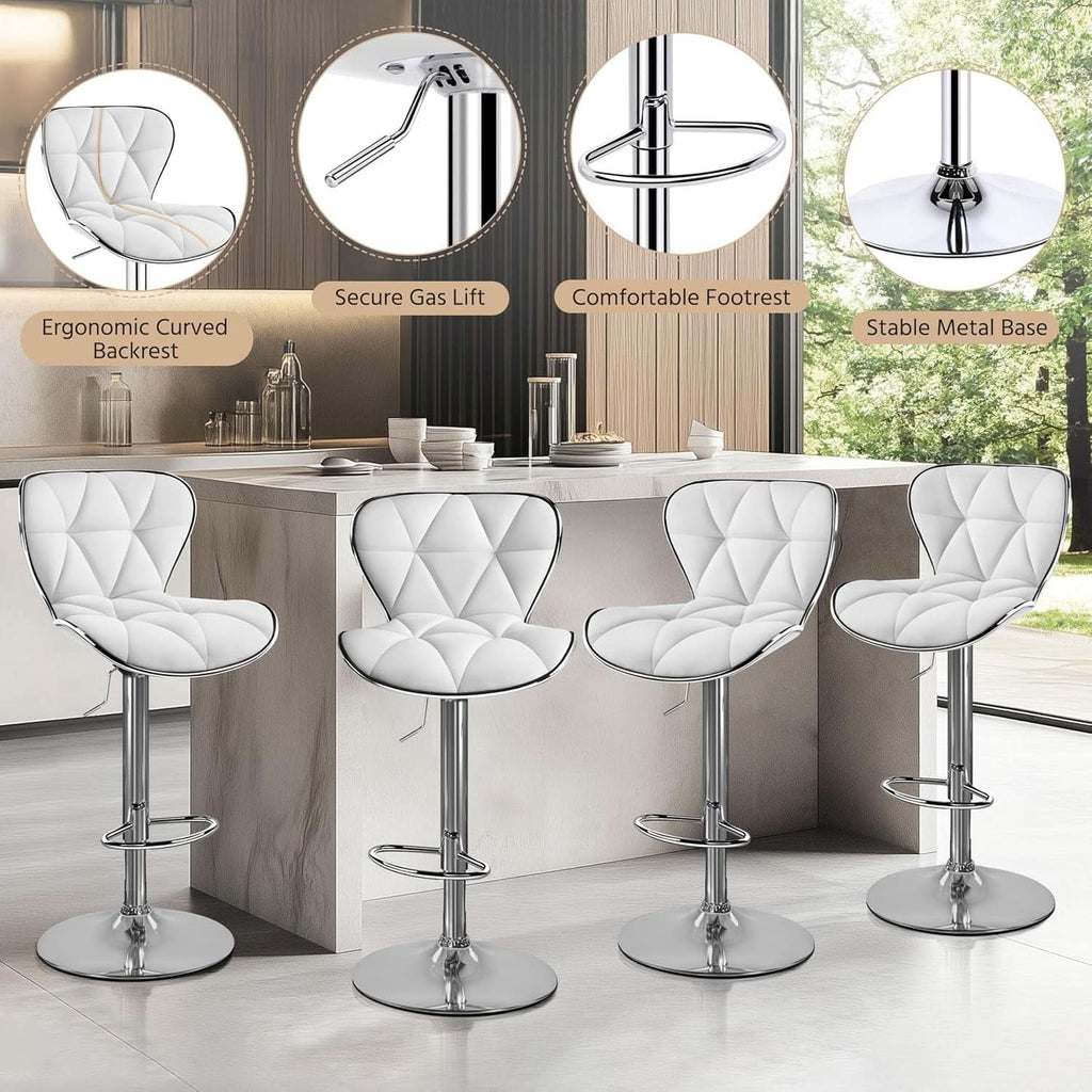 Bar Stools Set Of 2 White PU Leather Adjustable Swivel