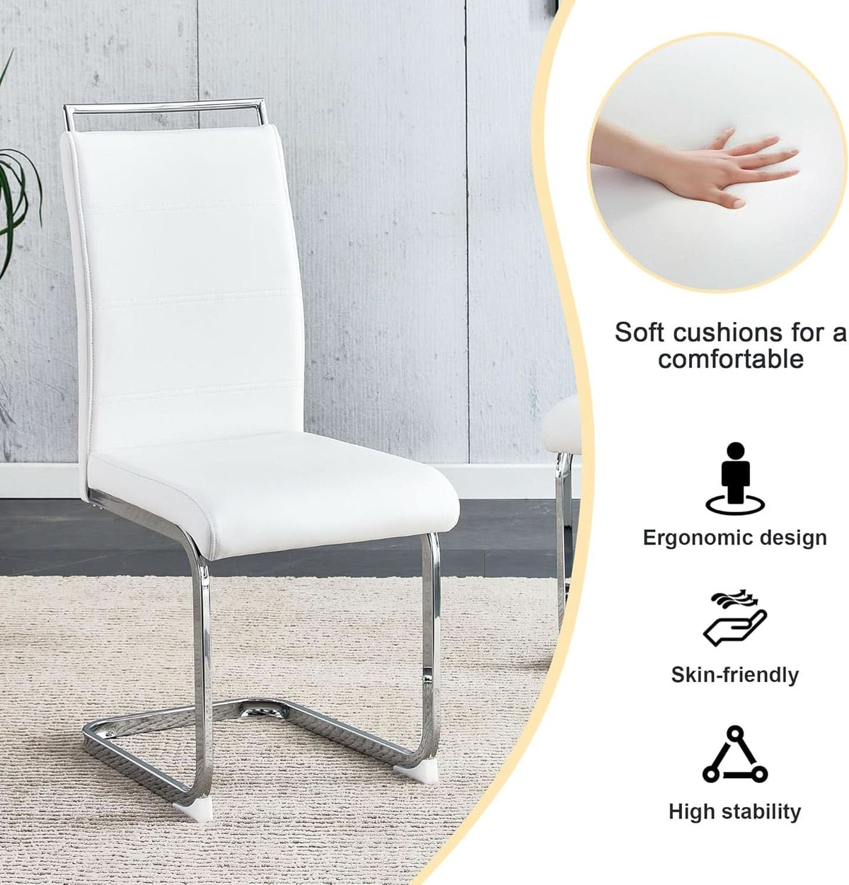 White PU Leather Dining Chair Set High Back Upholstered