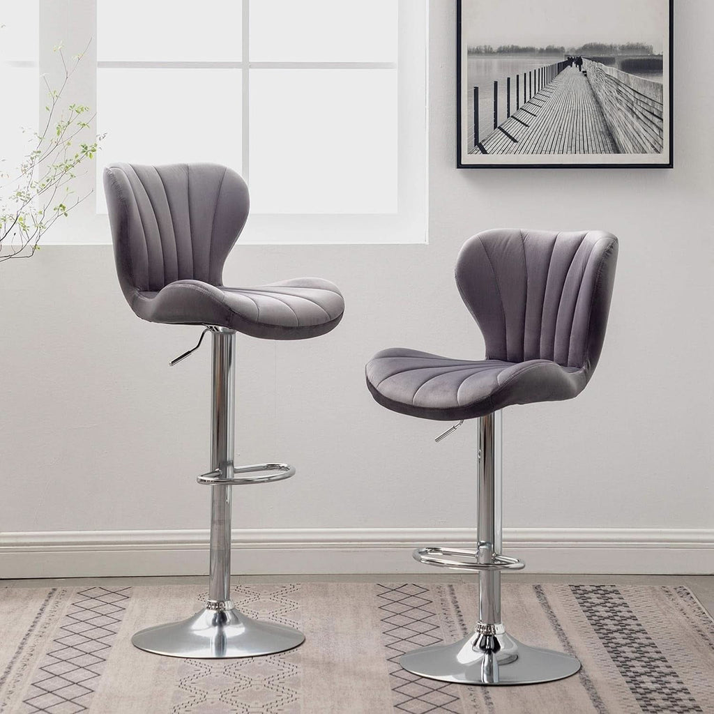 Velvet Adjustable Swivel Barstools Gray Set of Two
