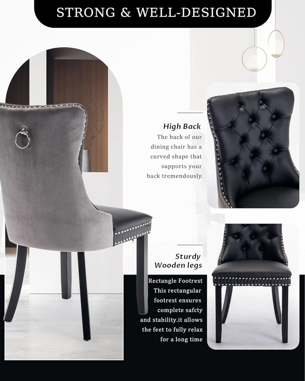 Leather Dining Chairs Set of 2 Black Nailhead Trim