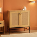 Two Door Rattan Storage Cabinet Natural Finish With Non Scratch Foot Pads For Living Room Hallway Kitchen