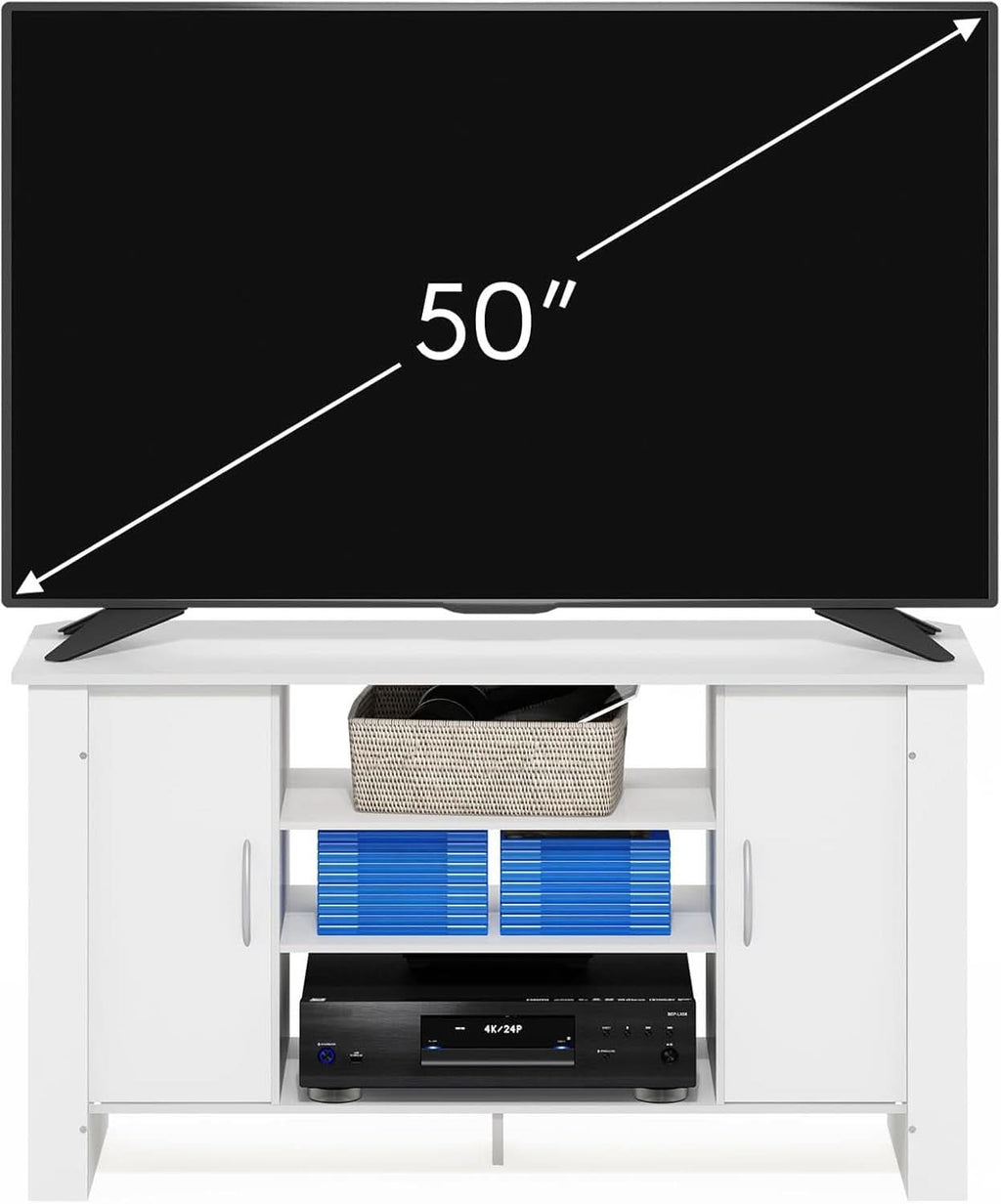 50 Inch White TV Stand With Concealed Storage And Shelves