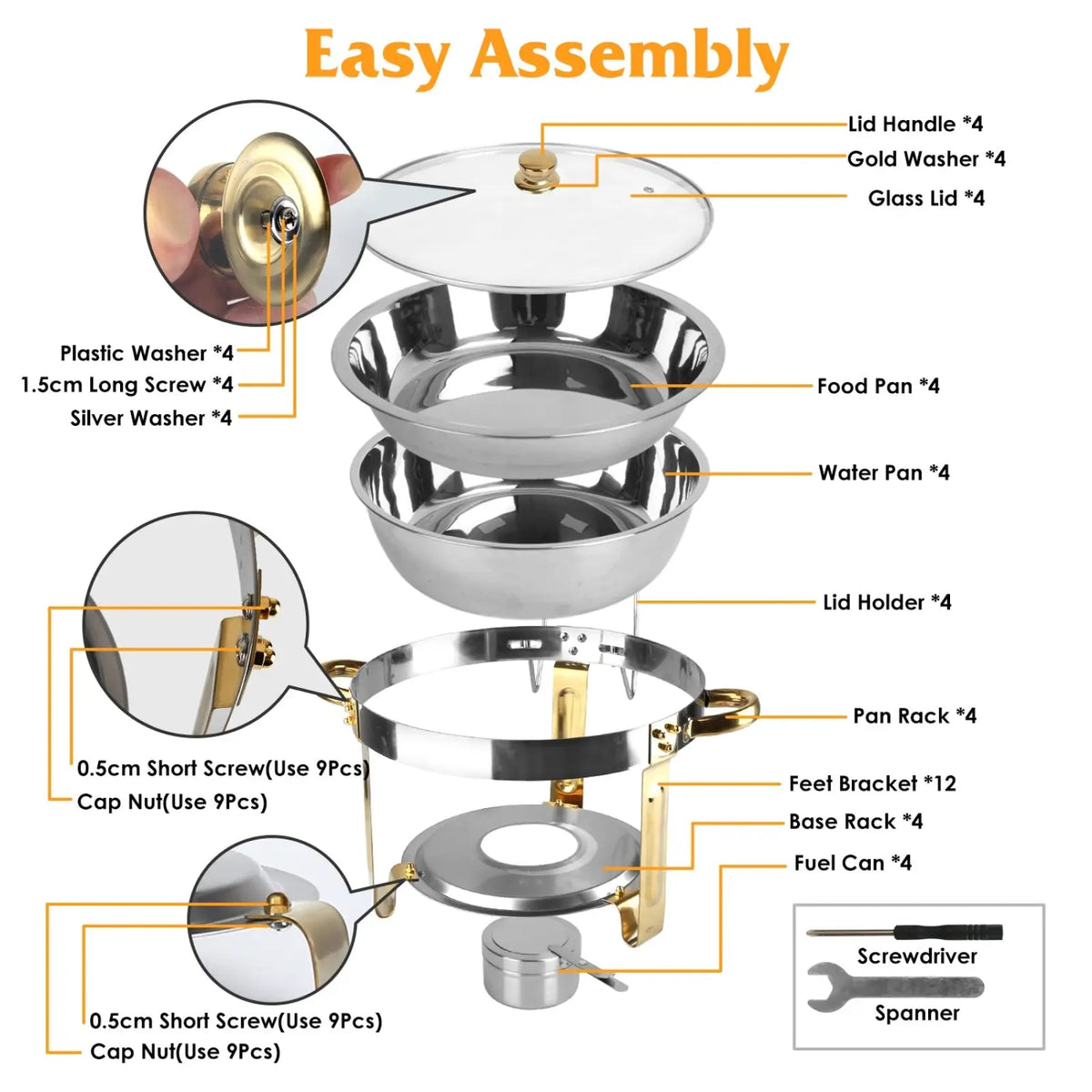 4pcs Round Chafing Dish Buffet Set 4.76qt Stainless Steel
