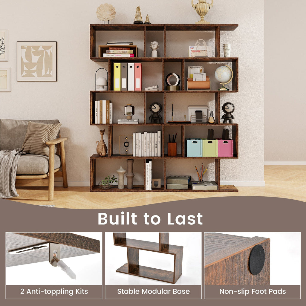 5-Tier Bookshelf with Anti-Toppling Device for Living Room Home Office