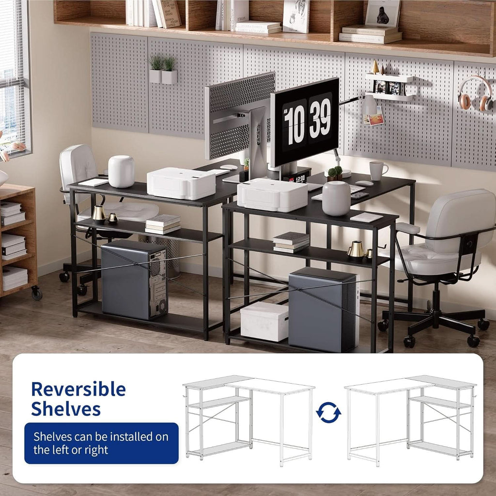 43 Inch L Shaped Computer Desk With Reversible Shelves Black