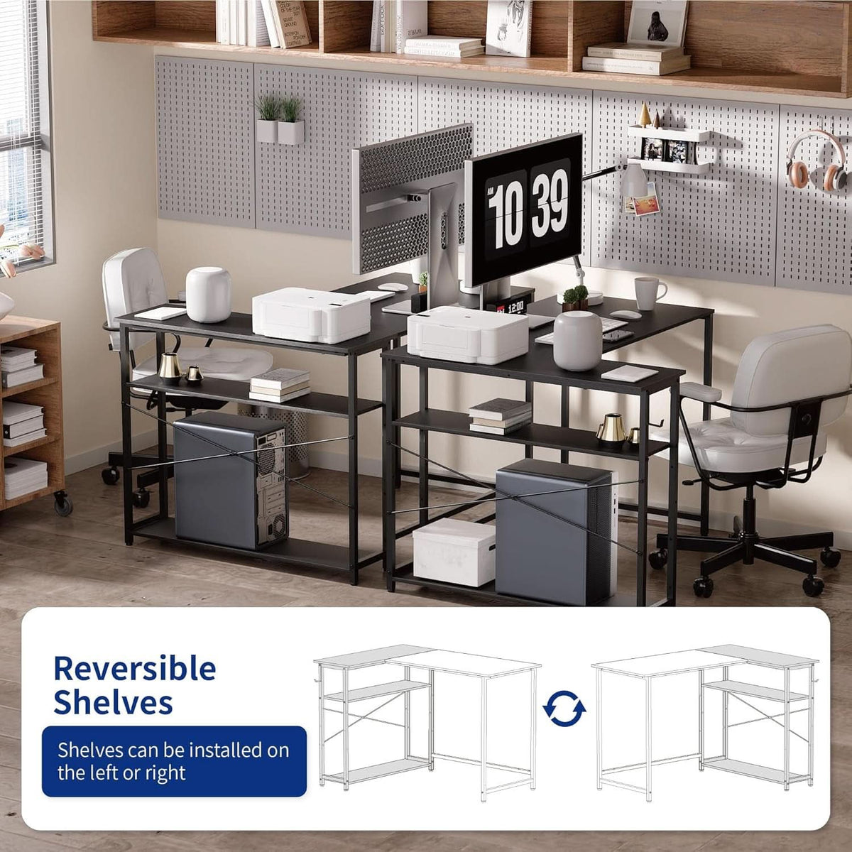 43 Inch L Shaped Computer Desk With Reversible Shelves Black