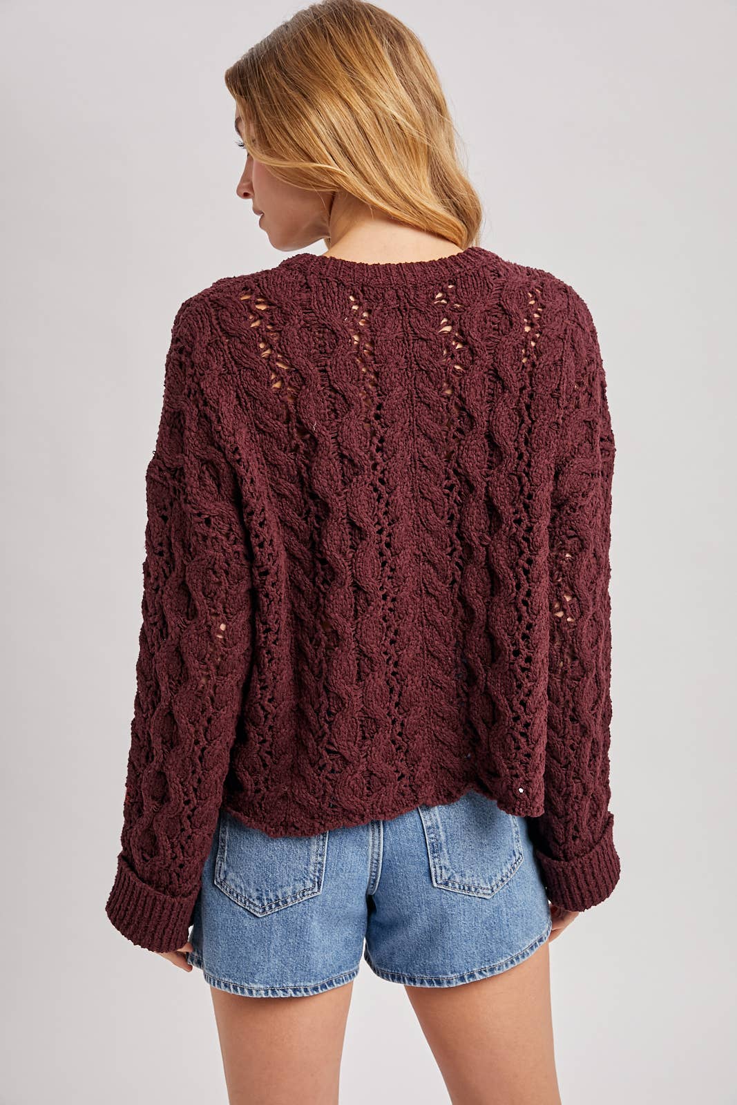 Half-Button Down Open Knit Sweater: ECRU