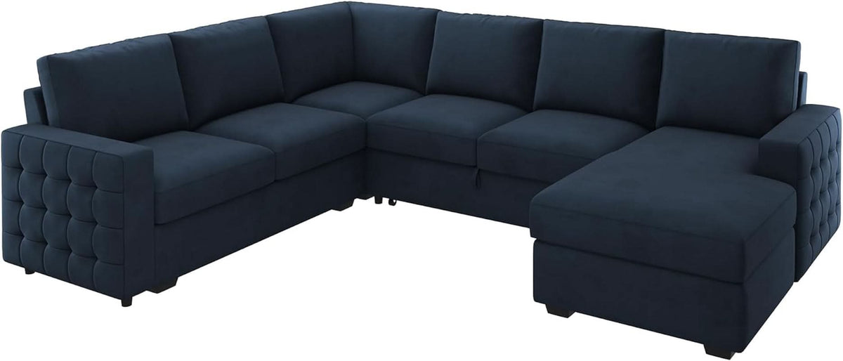 Blue Velvet U Shaped Sleeper Sofa With Pull Out Bed