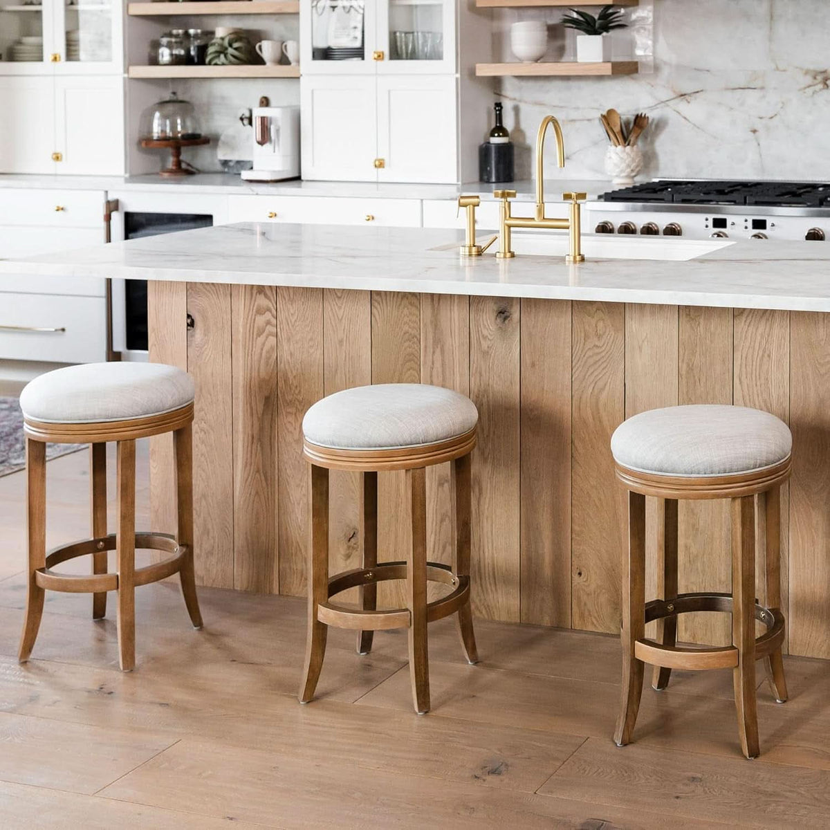 Eva 31 Inch Bar Height Backless Swivel Bar Stool Weathered Oak Sand Fabric