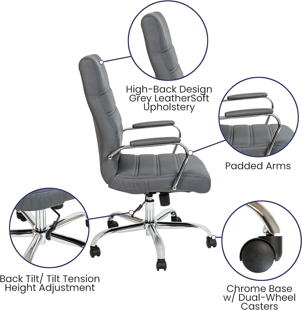 Whitney High Back Leather Office Chair With Adjustable Height Gray Chrome