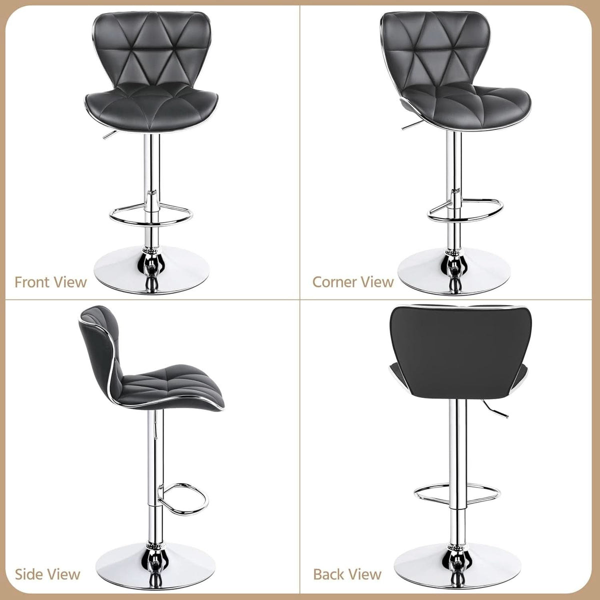 Grey Adjustable PU Leather Swivel Bar Stools Set of 2, Counter Height