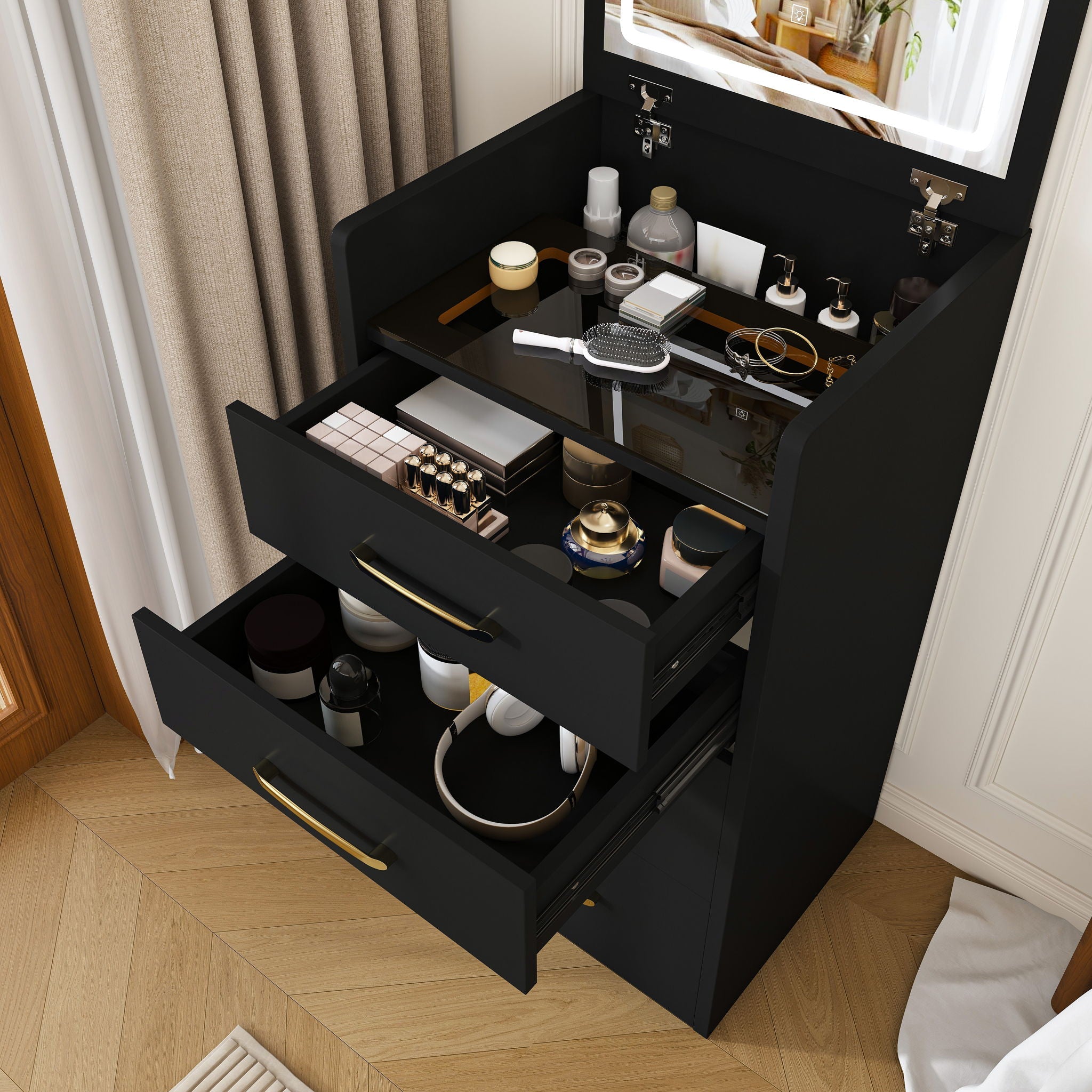 3 In 1 Vanity Desk With Open Top Mirror, Glass Desktop Makeup Set With 3 Drawers, Compact Dressing Table For Bedroom - Black