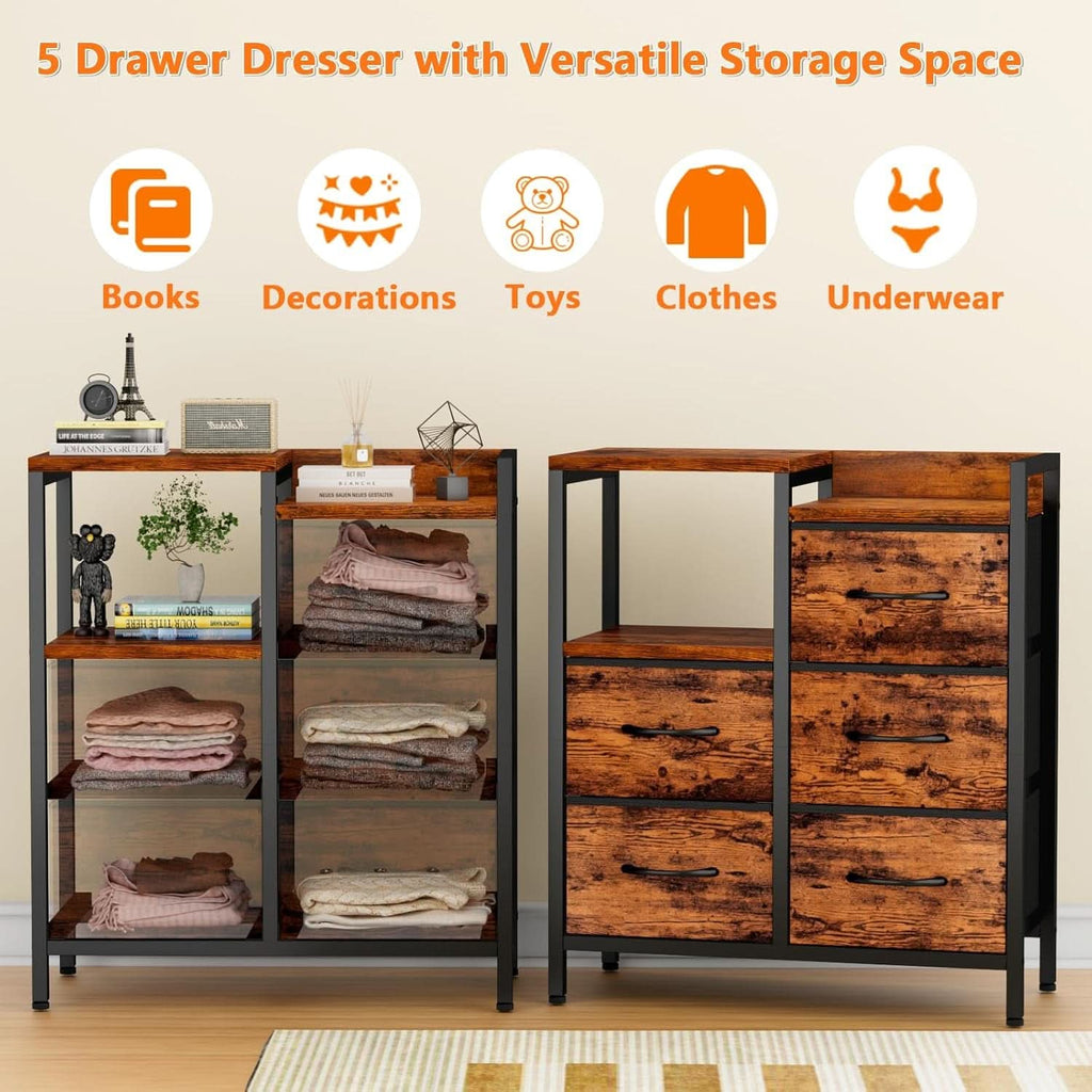 5 Drawer Rustic Brown Dresser With Metal Frame For Bedroom