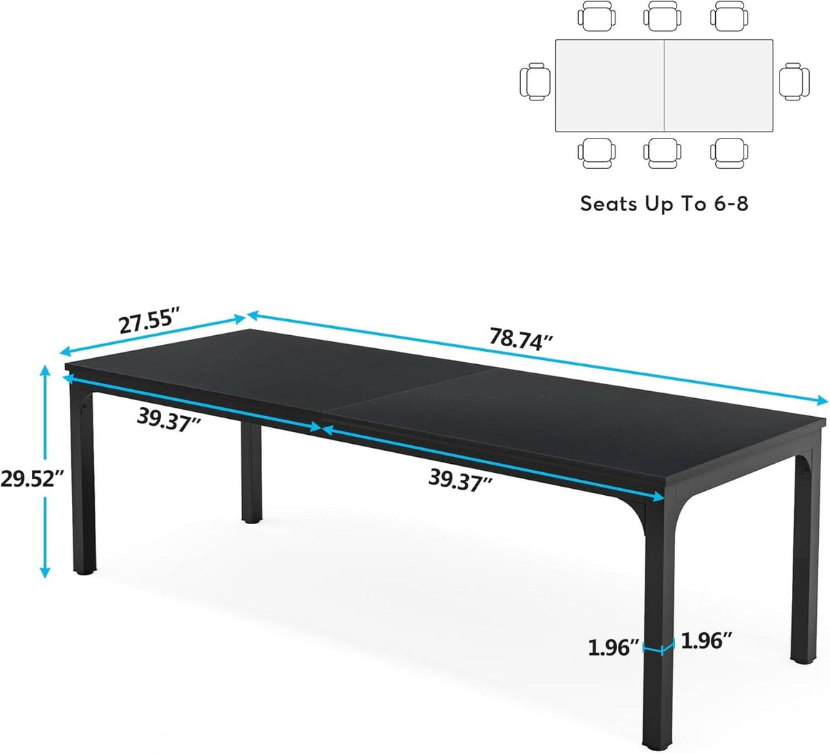 Black 78 Inch Rectangle Dining Table For 6 To 8 People