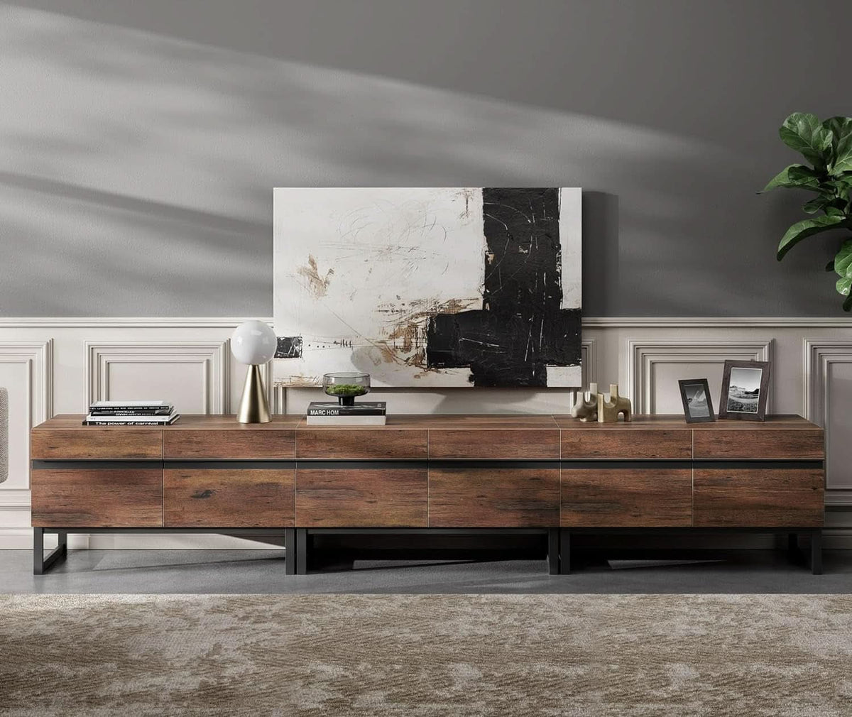 3 In 1 Modern TV Stand For TVs Up To 110 Inches With Storage Cabinets And Metal Base Walnut Brown