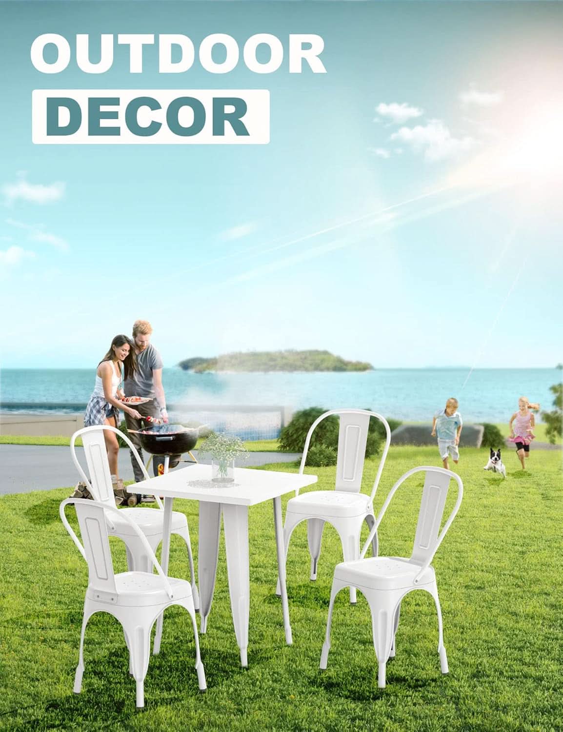 Tolix Style Metal Dining Chair White Stackable Set Of 4
