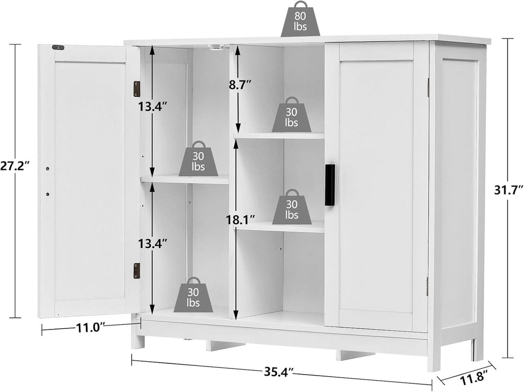 White Storage Cabinet With 2 Doors And 4 Adjustable Shelves