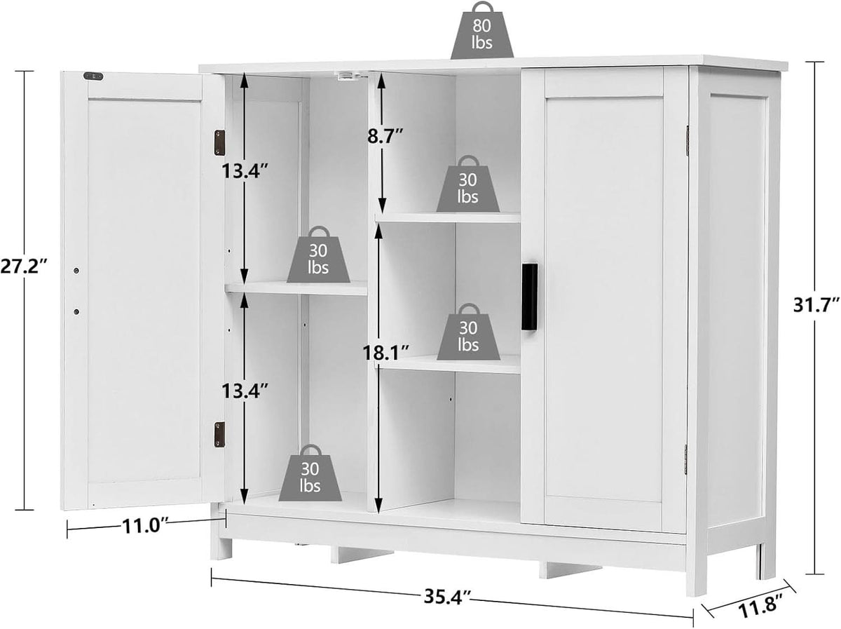 White Storage Cabinet With 2 Doors And 4 Adjustable Shelves