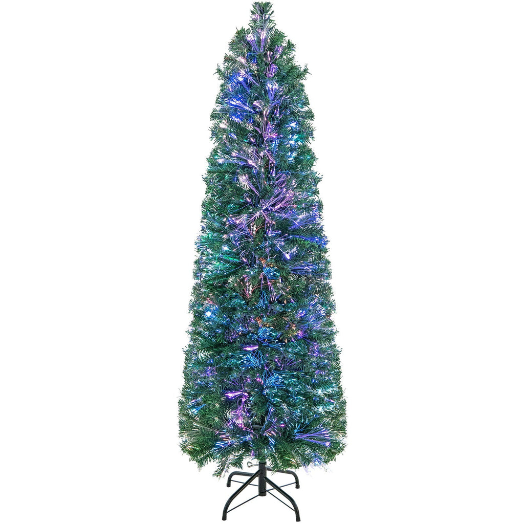 5/6/7/8 FT Pre-Lit Christmas Pencil Tree with Colorful Fiber Optics Green