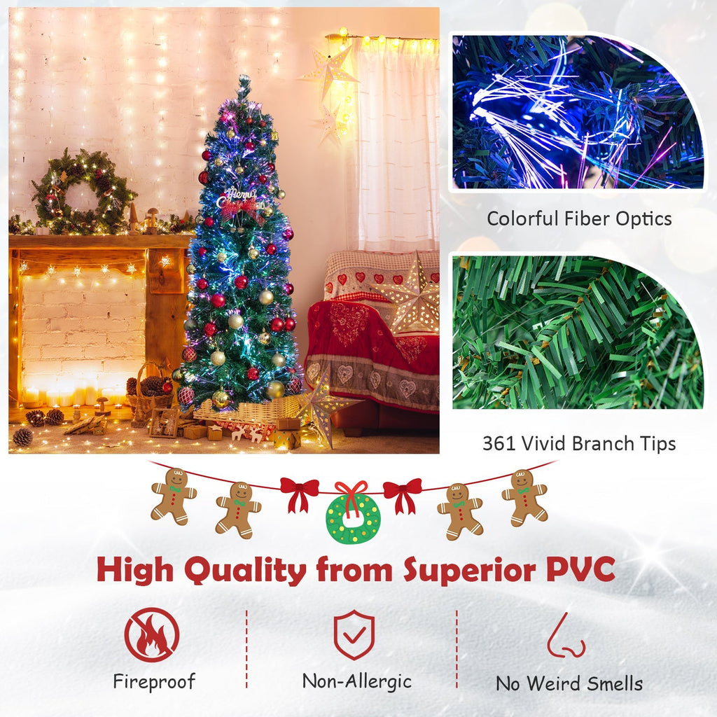 5/6/7/8 FT Pre-Lit Christmas Pencil Tree with Colorful Fiber Optics Green